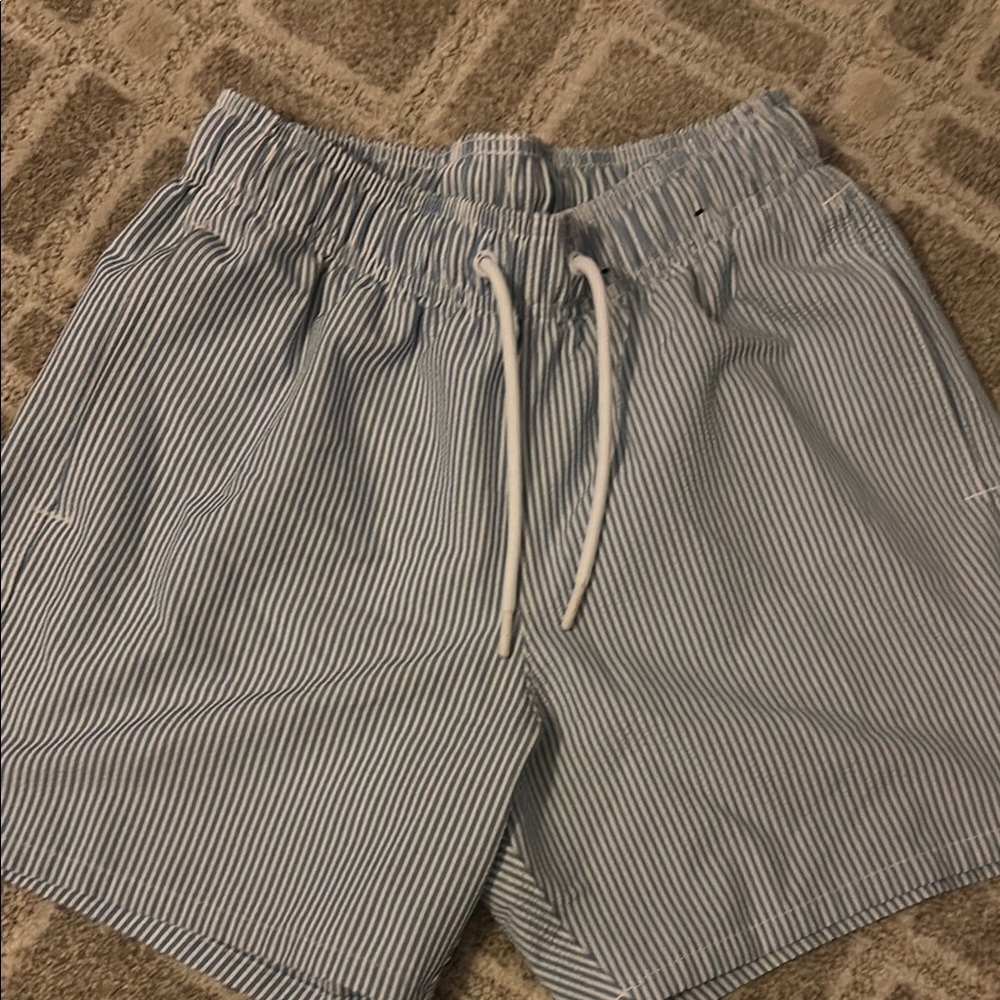Light Blue and White Striped Drawstring Shorts